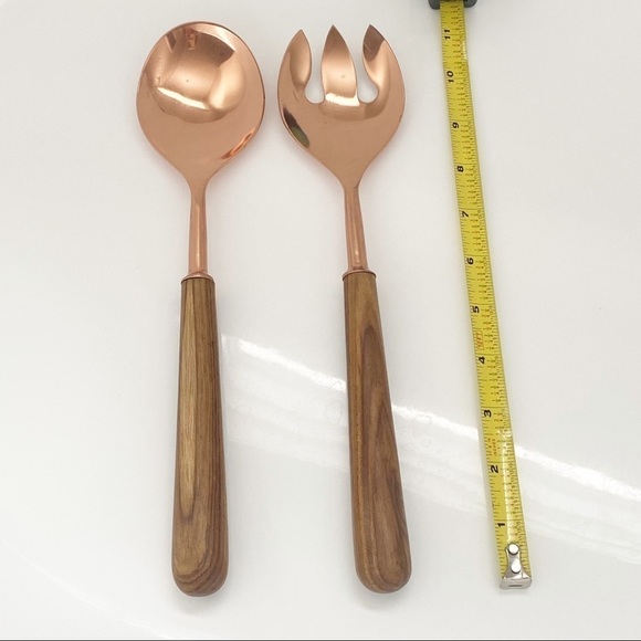 Copper & Wood Handle Salad Serving Utensils - Picture 4 of 5